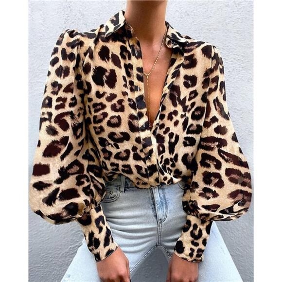 Cheetah Printed Button Up Shirt Casual Long Puff Sleeve‎ Blouse Boho Dressy Top - Picture 2 of 5